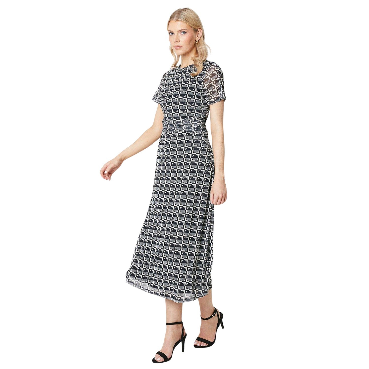 White-Black - Front - Principles Womens-Ladies Geometric Mesh Twist Waist Midi Dress