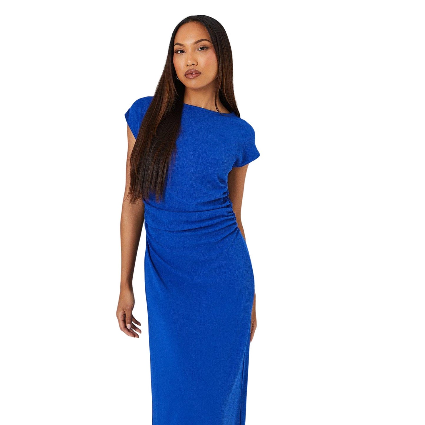 Blue - Side - Debenhams Womens-Ladies Textured Jersey Ruched Side Midi Dress