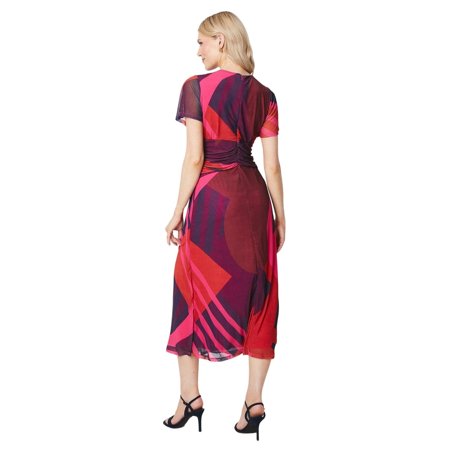 Pink - Back - Principles Womens-Ladies Geometric Mesh Twist Waist Midi Dress