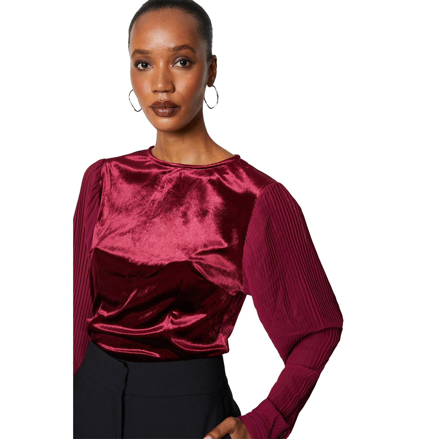 Berry - Side - Principles Womens-Ladies Velvet Pleated Sleeve Top