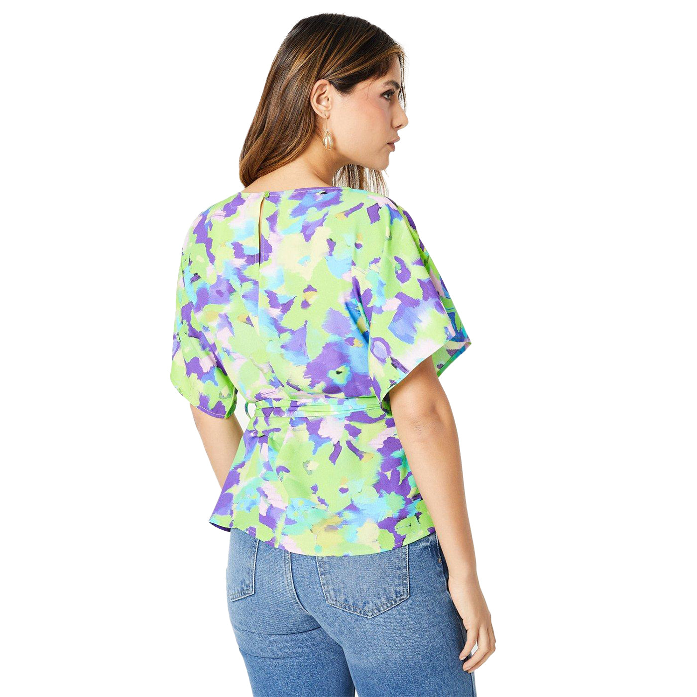 Multicoloured - Back - Principles Womens-Ladies Abstract Floral Belt Batwing Sleeve Top