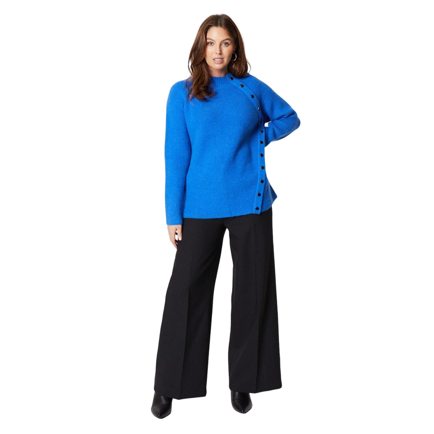 Blue - Side - Principles Womens-Ladies Button Funnel Neck Jumper