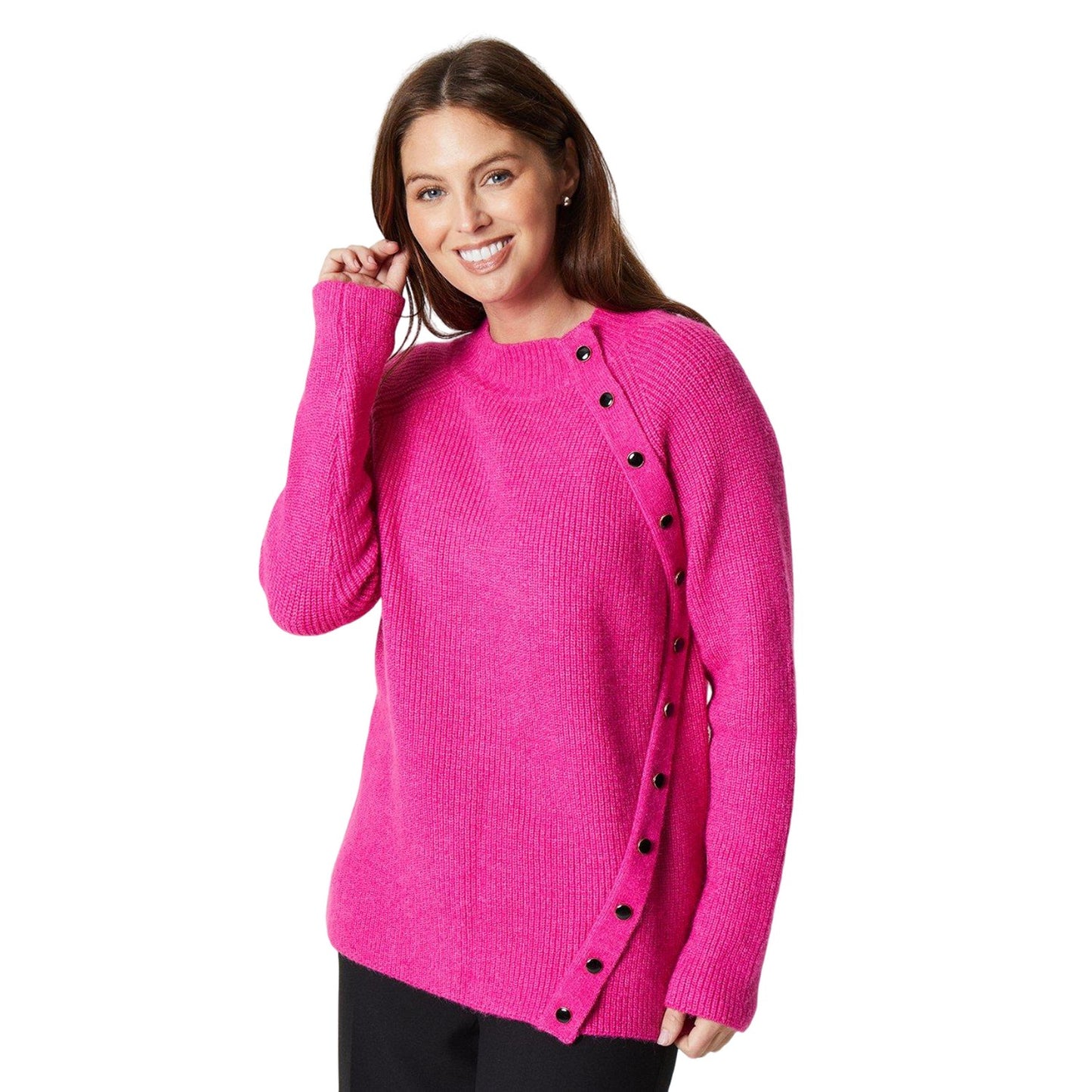Magenta - Front - Principles Womens-Ladies Button Funnel Neck Jumper