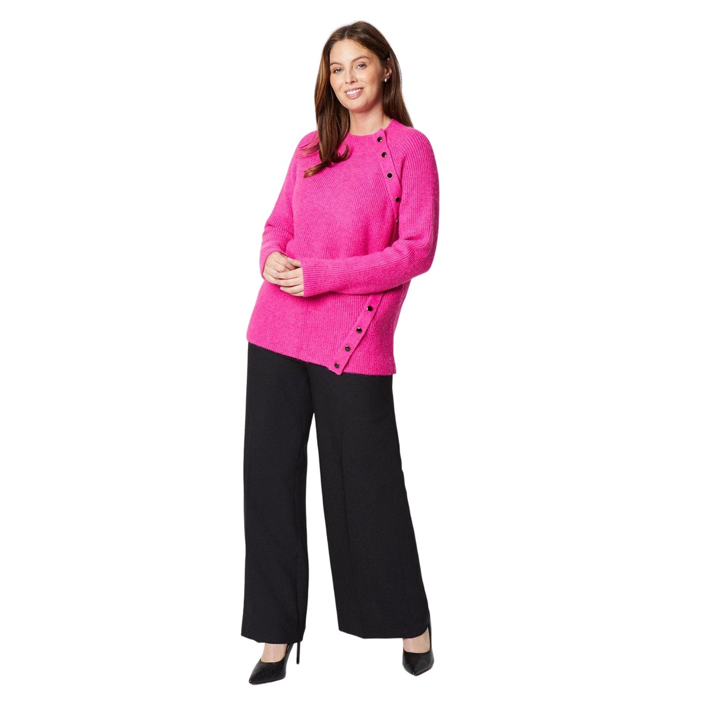 Magenta - Side - Principles Womens-Ladies Button Funnel Neck Jumper