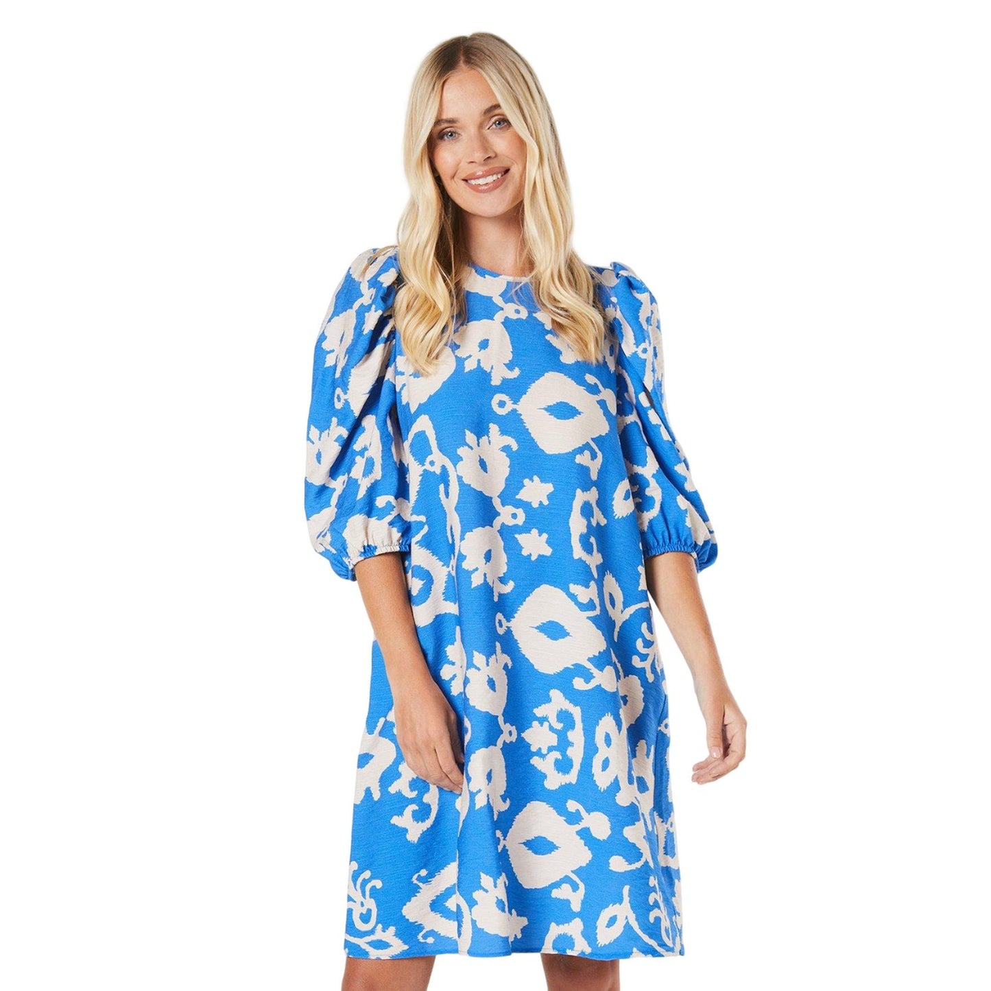 Blue - Front - Principles Womens-Ladies Petite Puff Sleeve Shift Dress