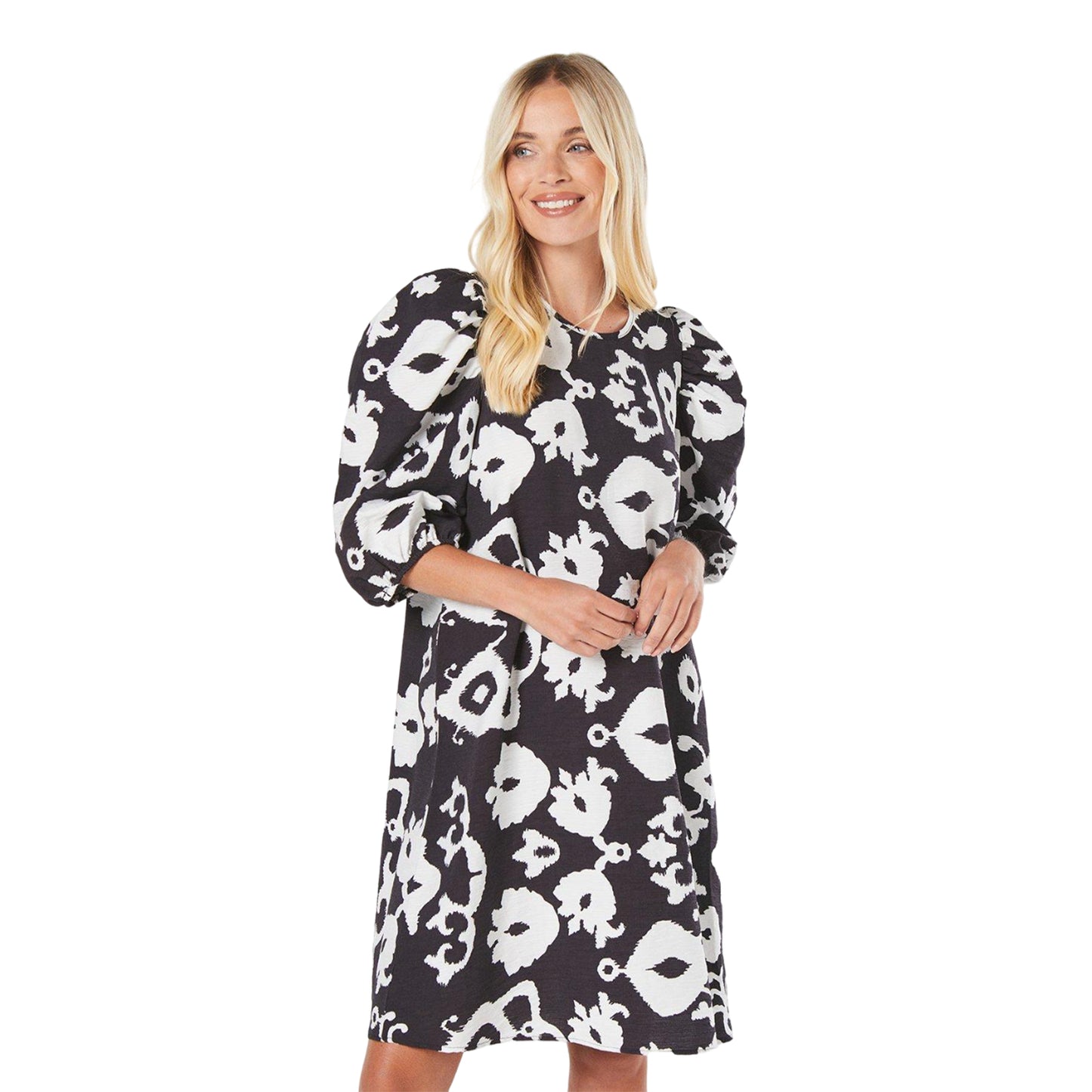 White-Black - Front - Principles Womens-Ladies Monochrome Petite Puff Sleeve Shift Dress