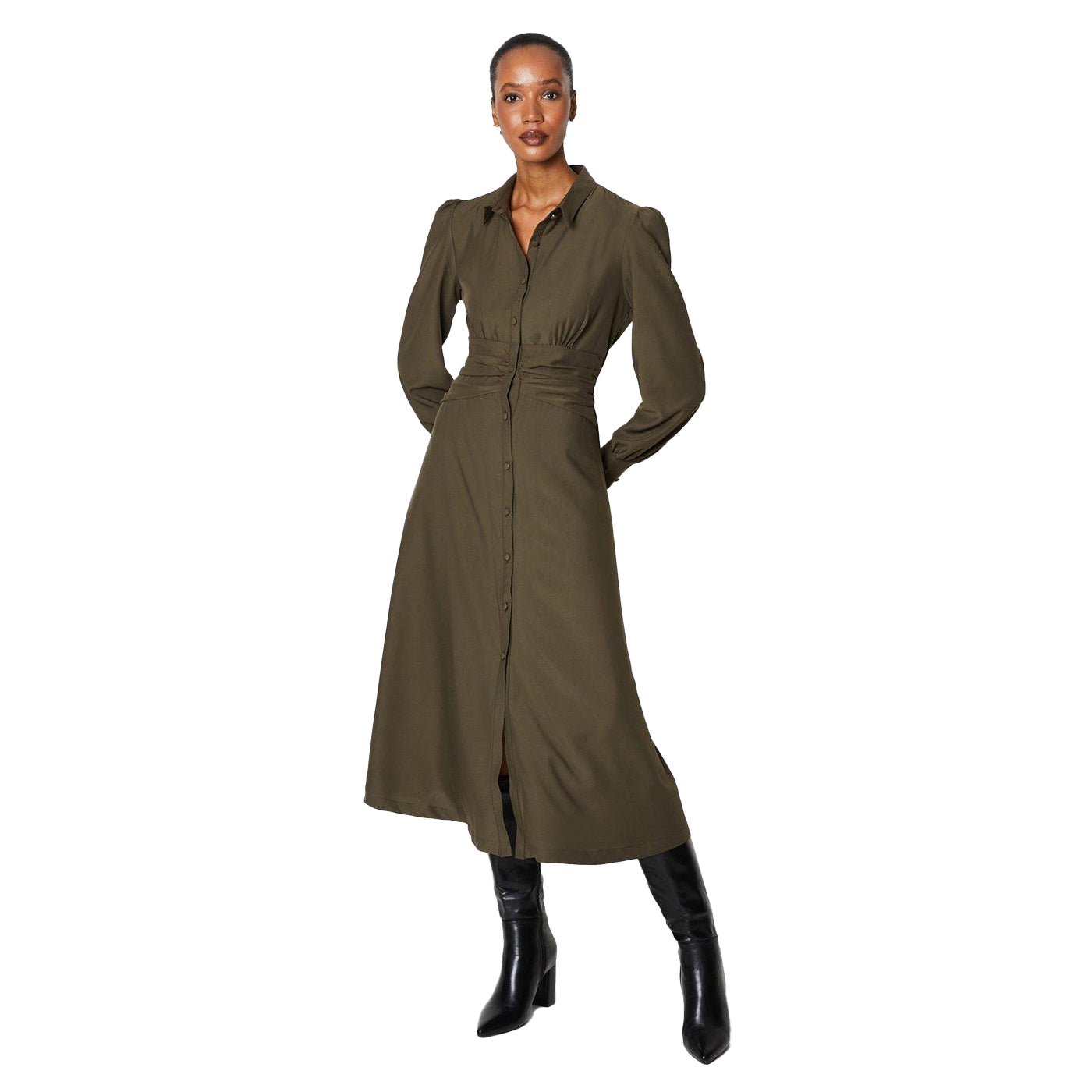 Khaki - Front - Principles Womens-Ladies Crepe Button Through Shirt Dress