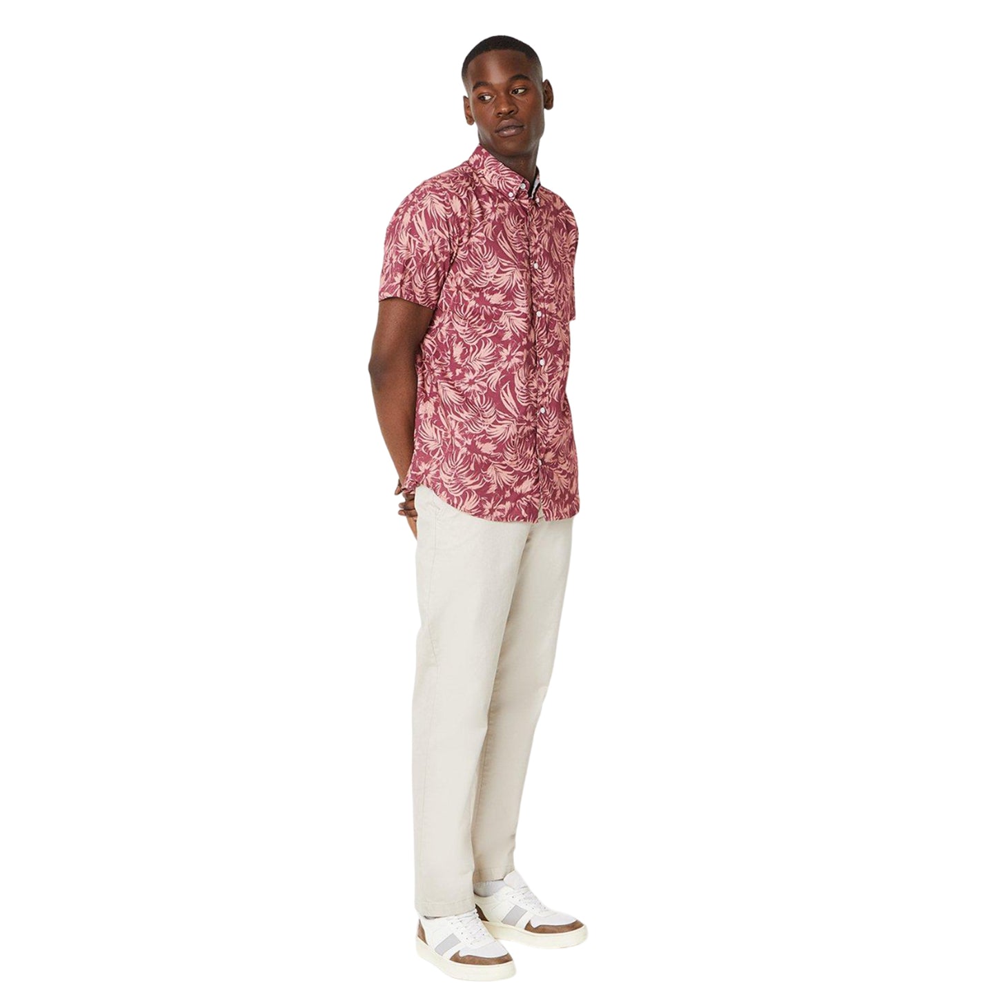 Magenta - Side - Maine Mens Leaf Print Short-Sleeved Shirt