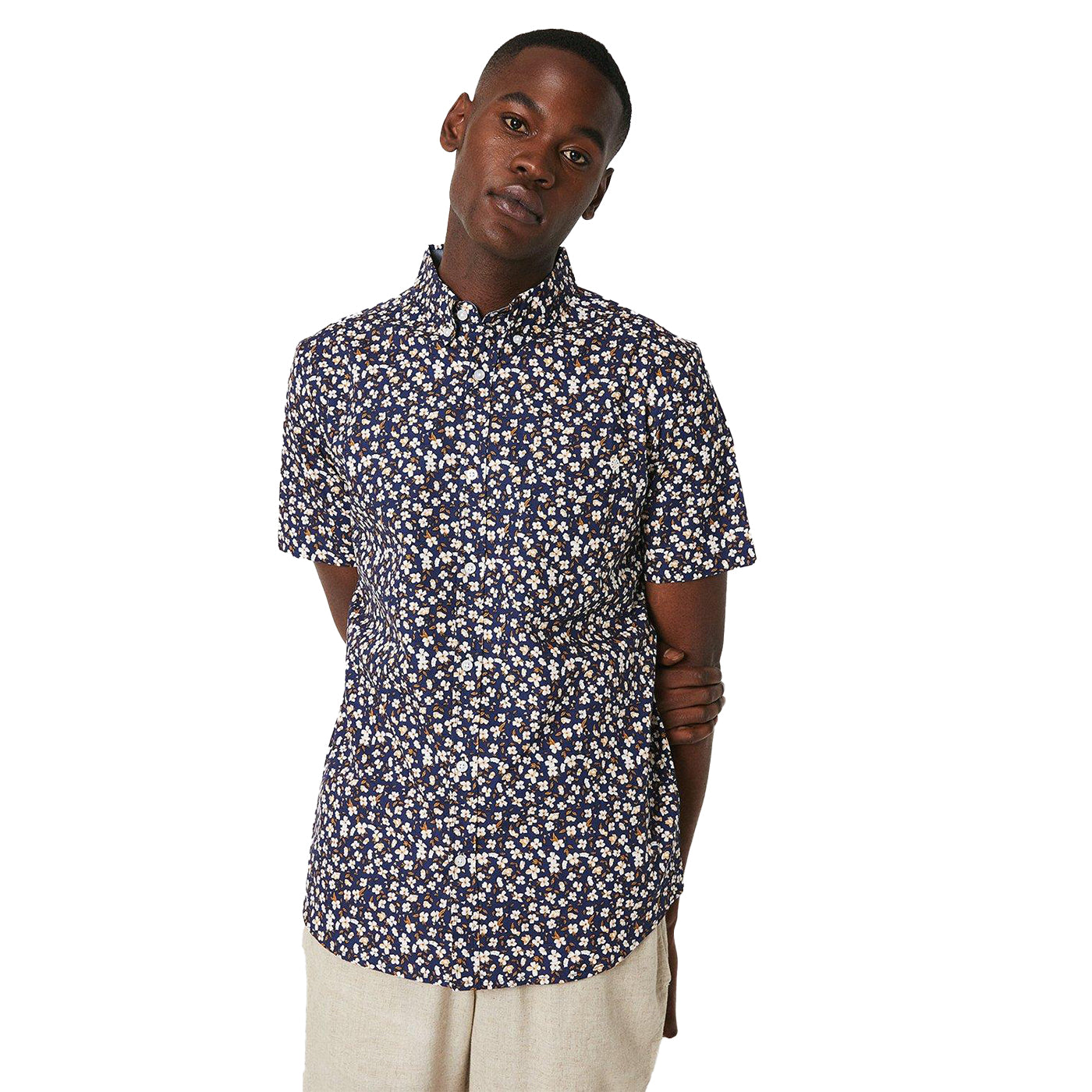 Navy - Front - Maine Mens Ditsy Floral Short-Sleeved Shirt
