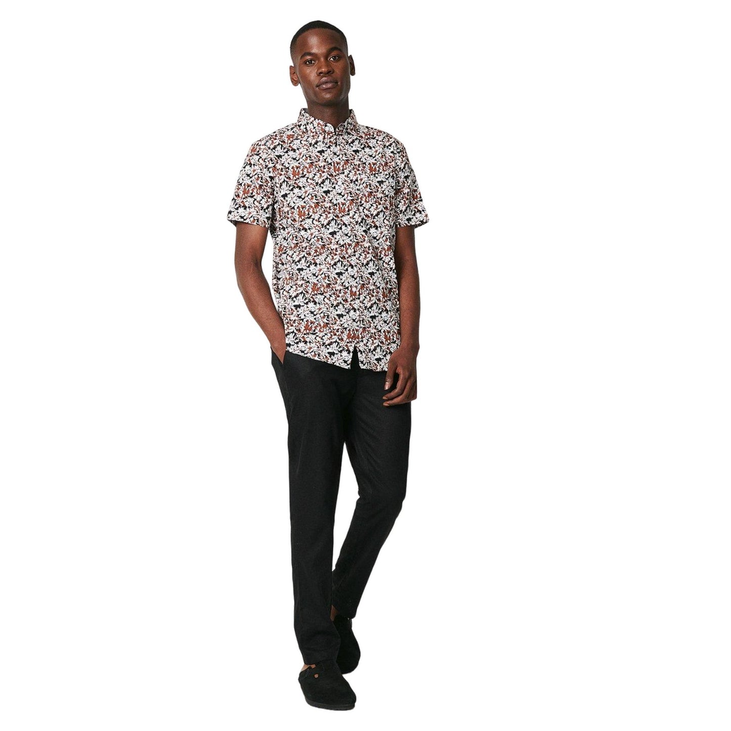 Brown - Side - Maine Mens Abstract Palm Short-Sleeved Shirt