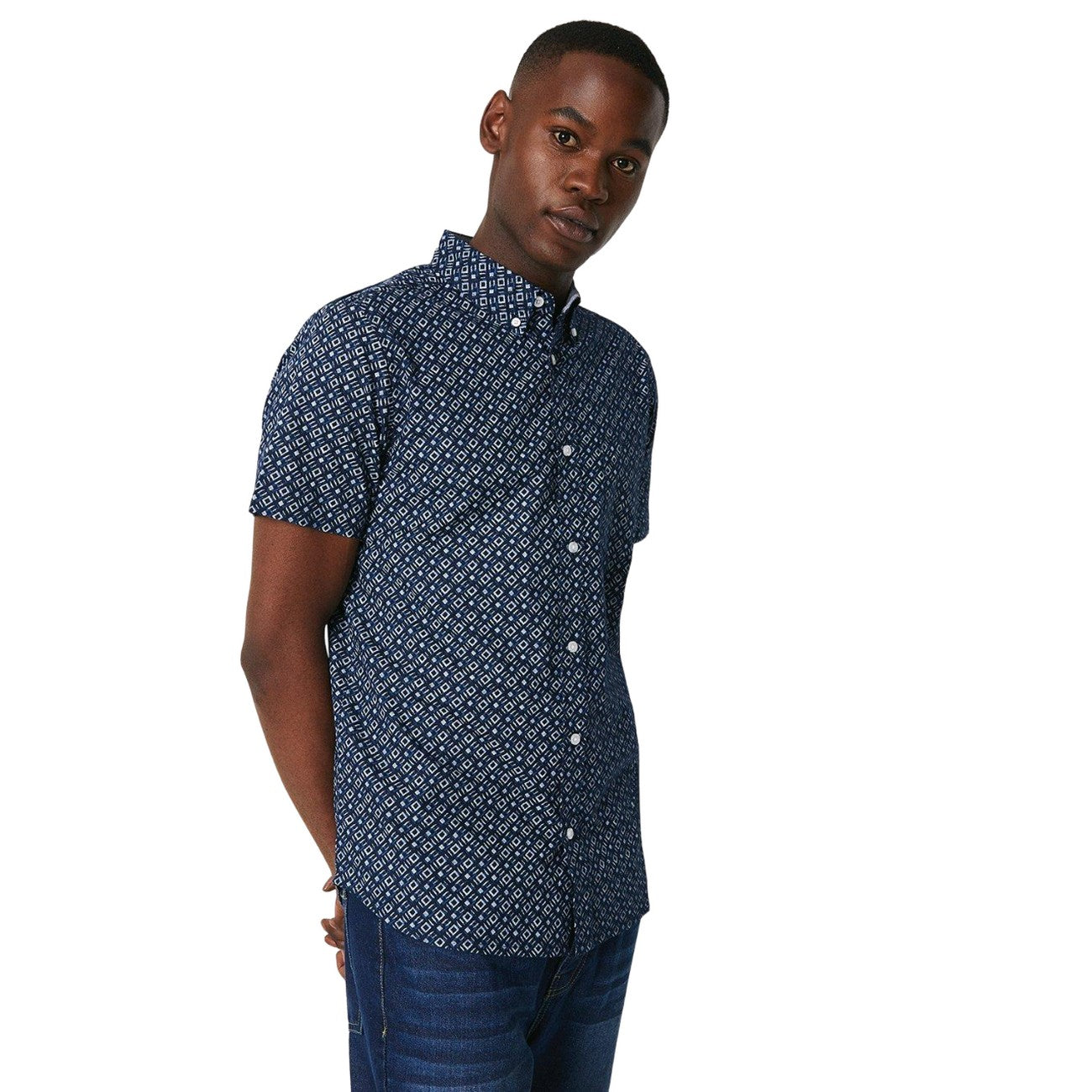 Navy - Front - Maine Mens Diamond Short-Sleeved Shirt