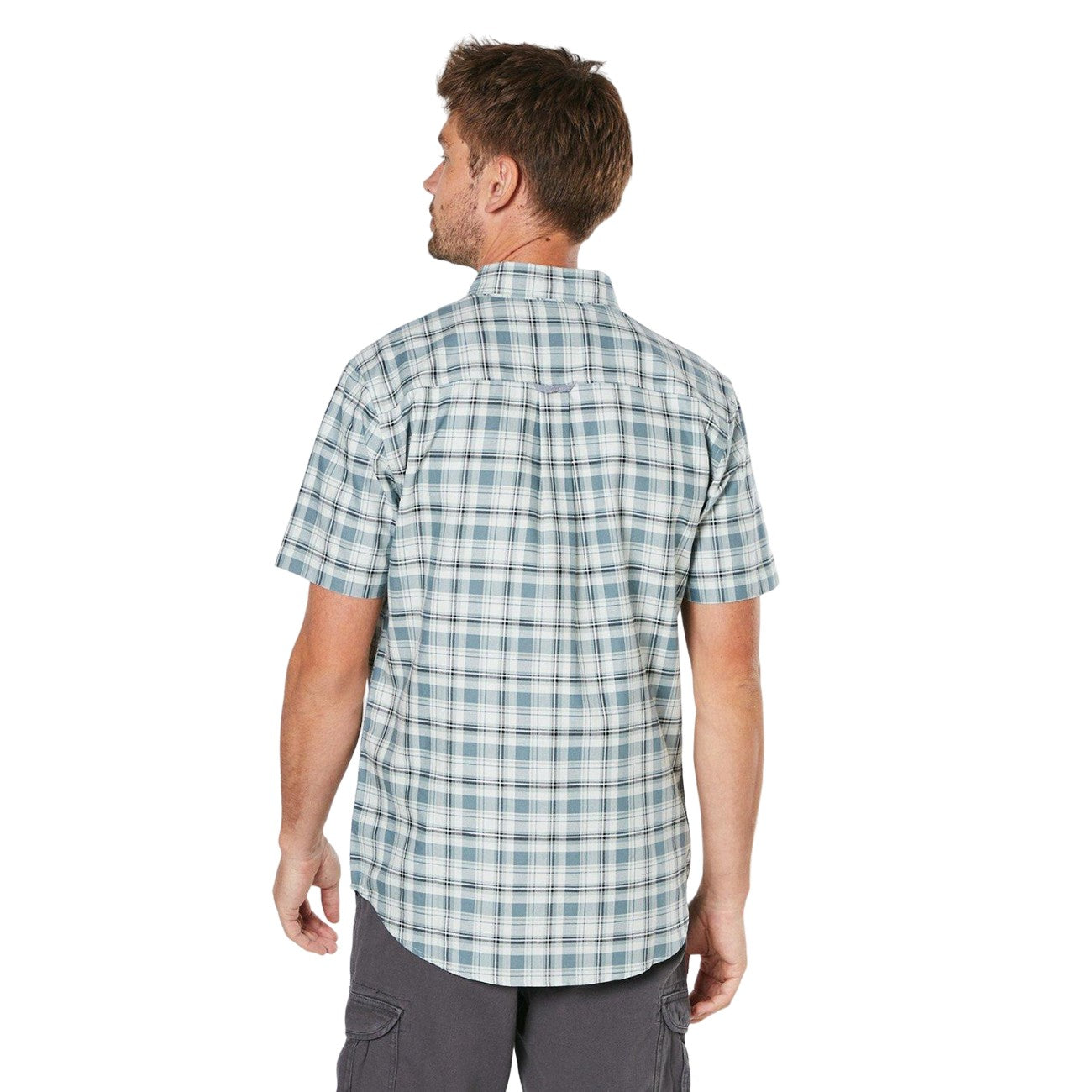 Light Grey - Back - Maine Mens Checked Oxford Short-Sleeved Shirt