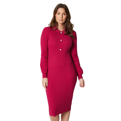 Raspberry - Front - Principles Womens-Ladies Ribbed Button Detail Dress
