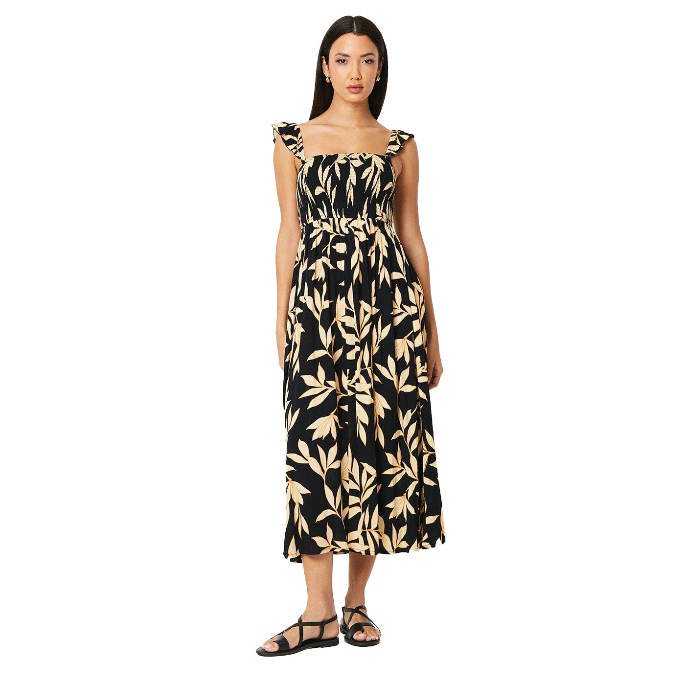Black - Front - Principles Womens-Ladies Leaf Print Shirred Midi Dress