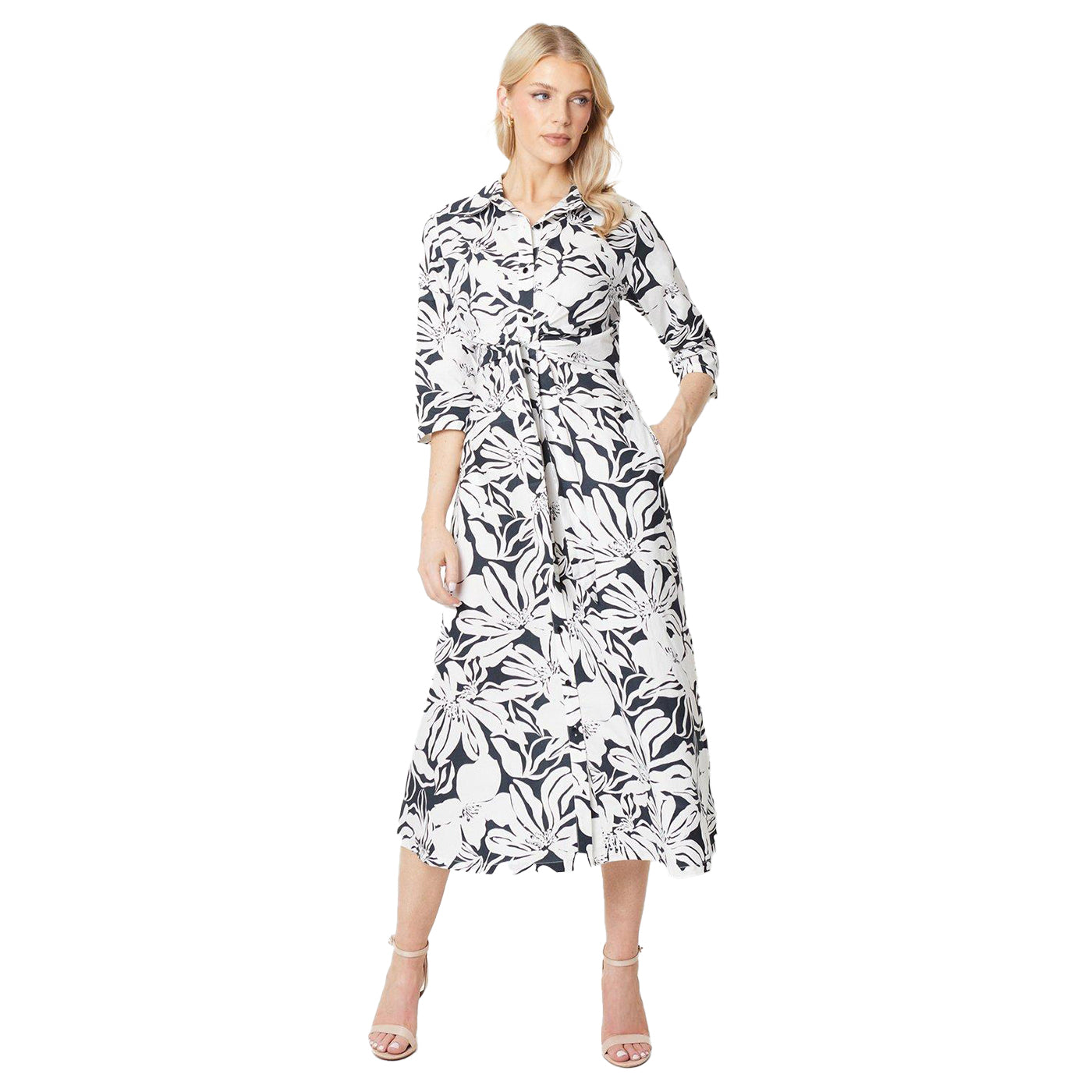 Monochrome - Front - Principles Womens-Ladies Floral Front Tie Midi Shirt Dress
