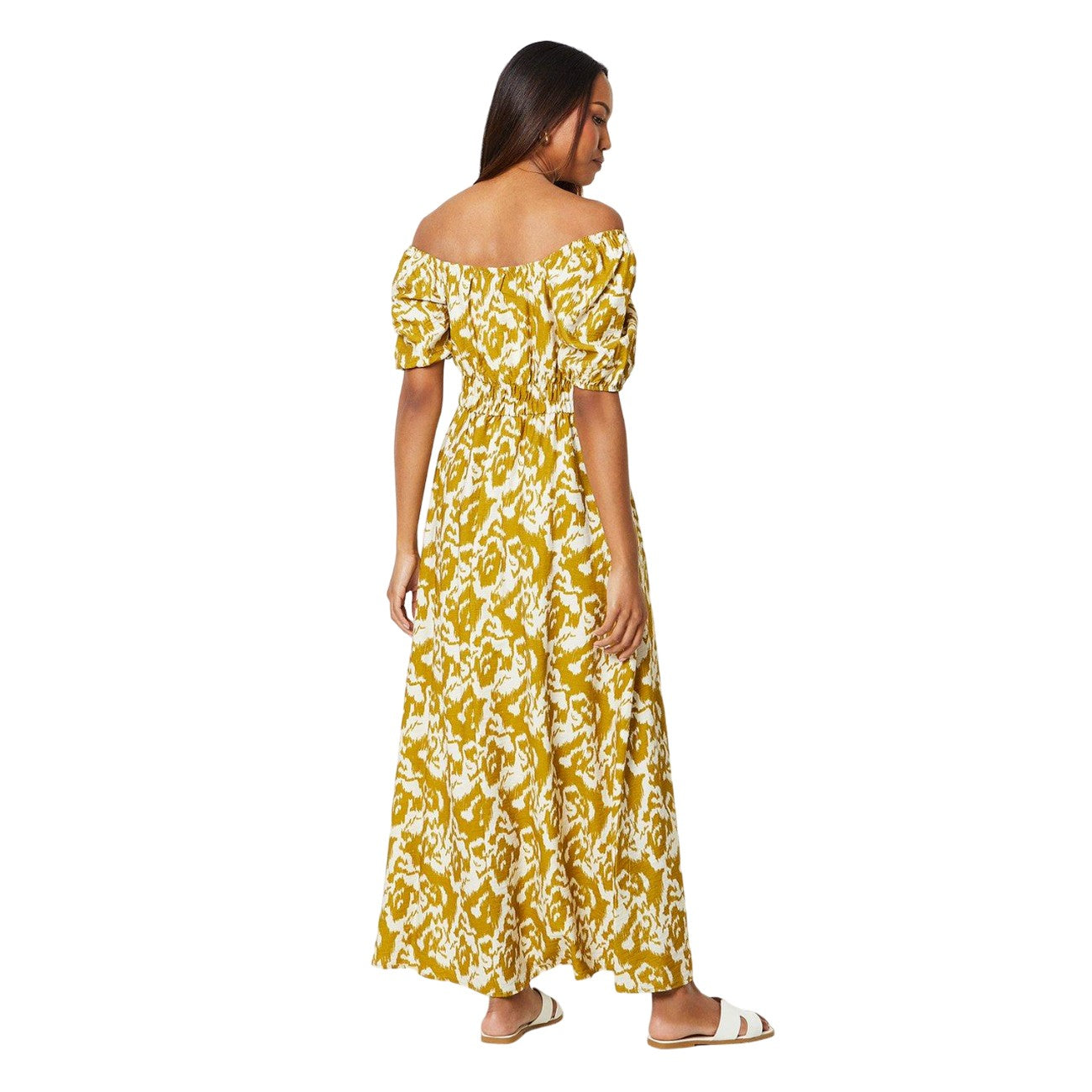 Chartreuse - Back - Principles Womens-Ladies Printed Shirred Waist Midi Dress