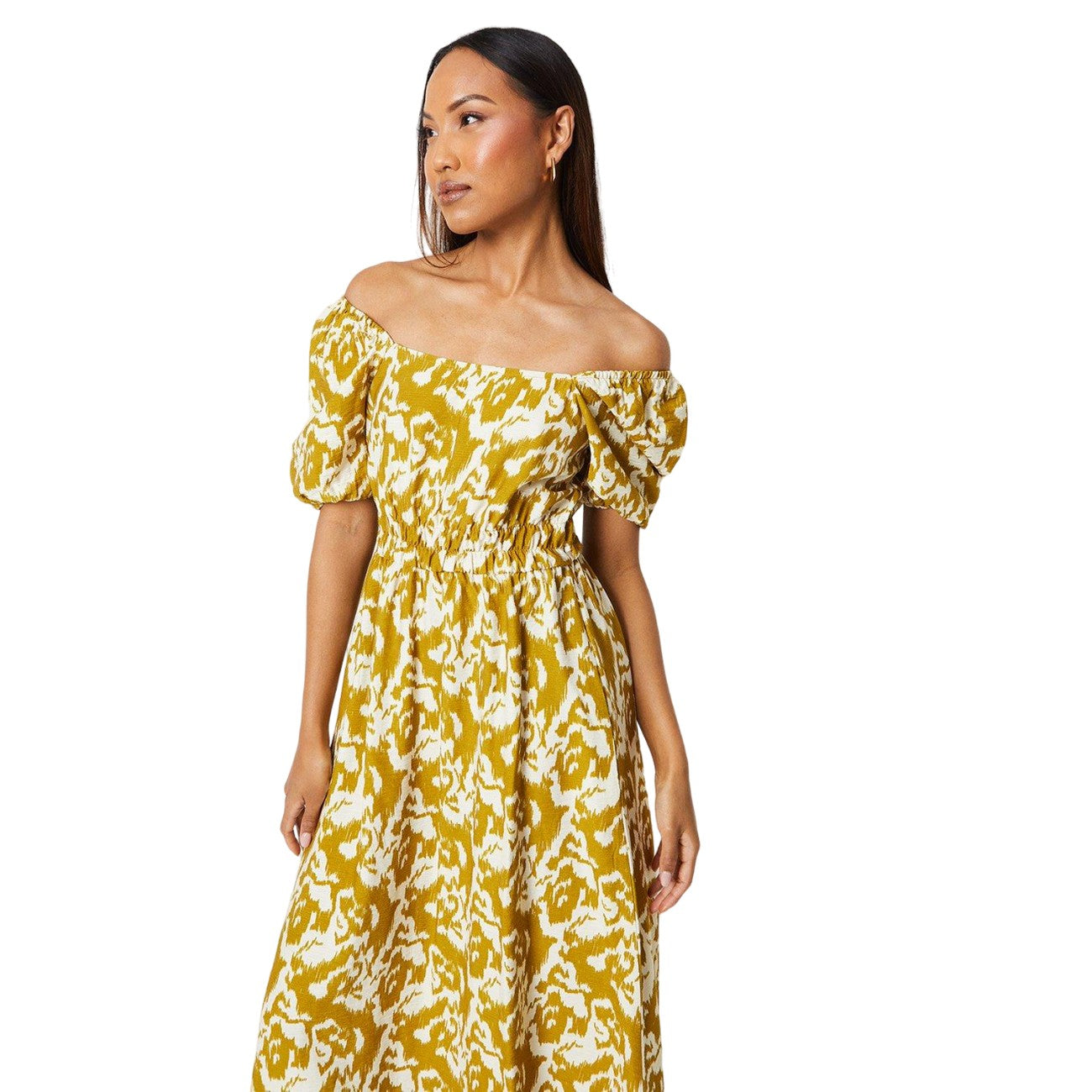 Chartreuse - Side - Principles Womens-Ladies Printed Shirred Waist Midi Dress