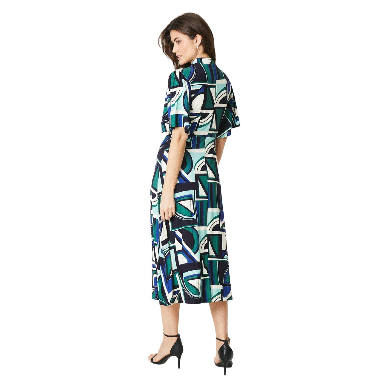 Green - Back - Principles Womens-Ladies Geometric Jersey Tie Neck Midi Dress