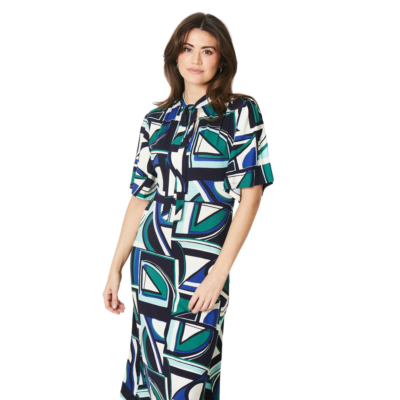 Green - Lifestyle - Principles Womens-Ladies Geometric Jersey Tie Neck Midi Dress