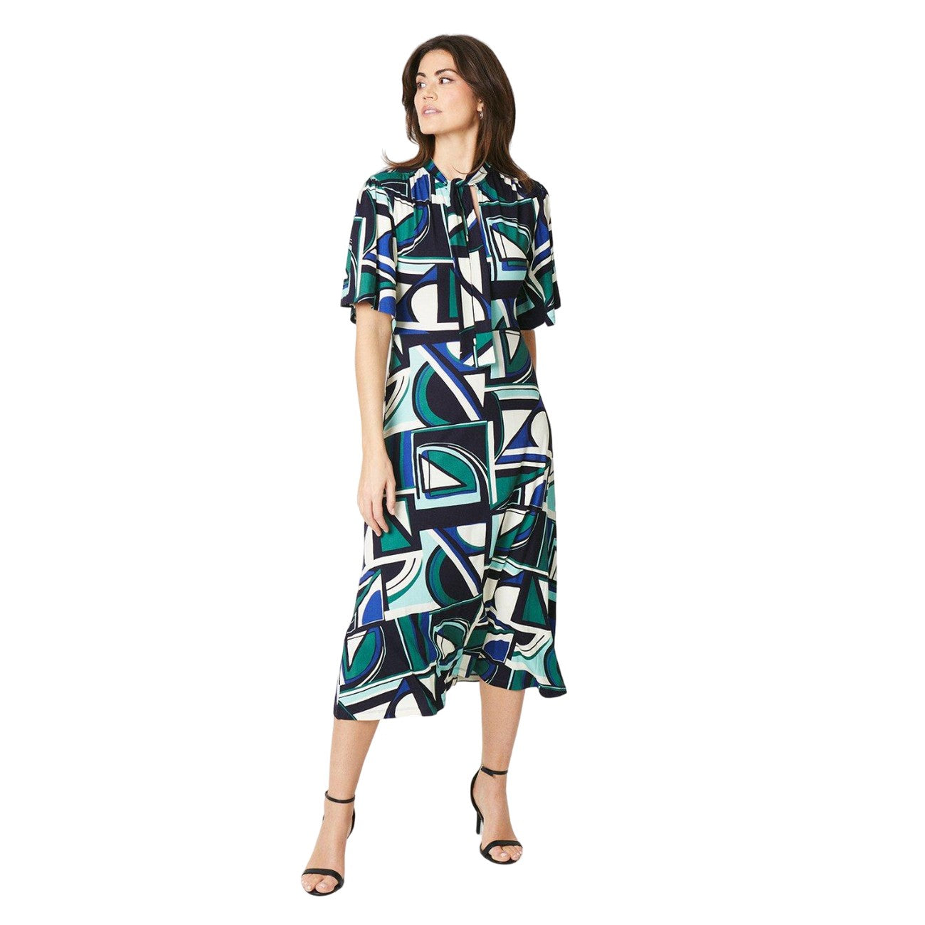 Green - Front - Principles Womens-Ladies Geometric Jersey Tie Neck Midi Dress