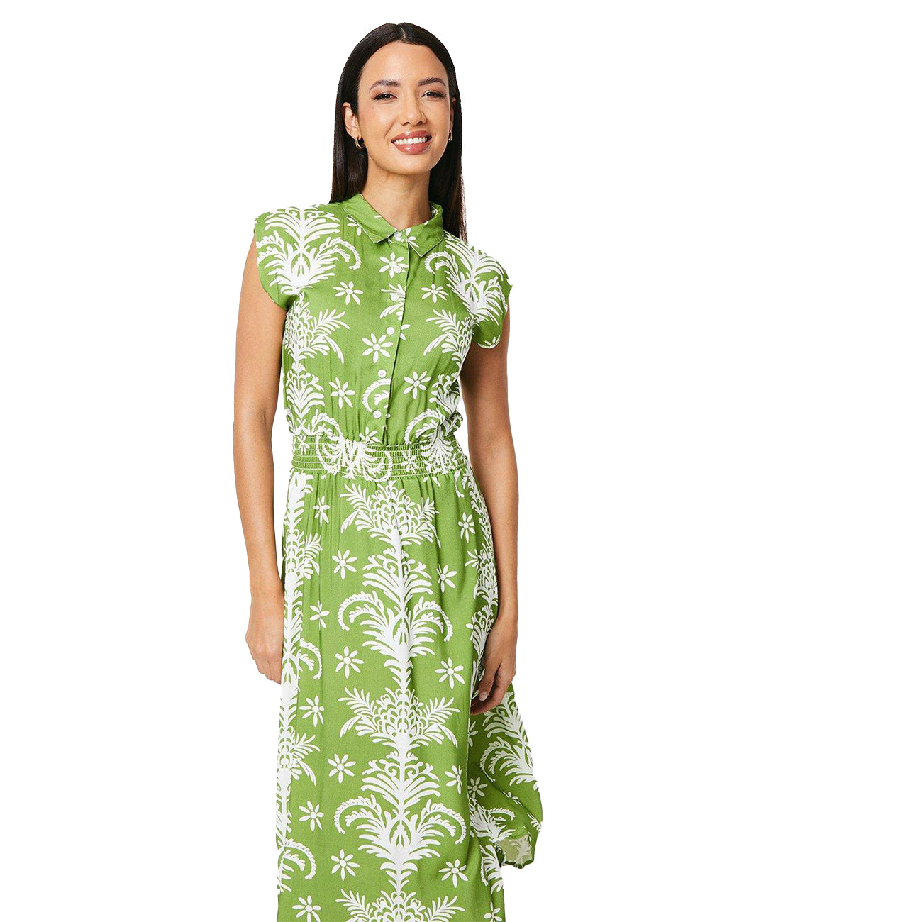 Green - Side - Principles Womens-Ladies Abstract Floral Shirred Waist Shirt Dress