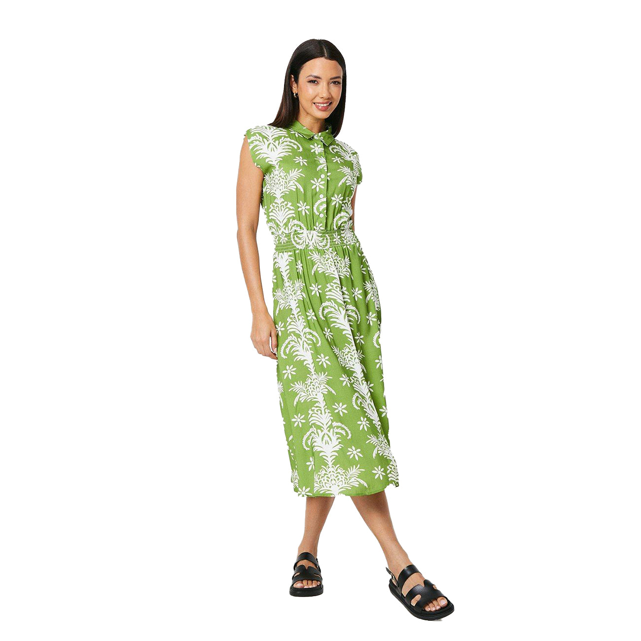 Green - Front - Principles Womens-Ladies Abstract Floral Shirred Waist Shirt Dress