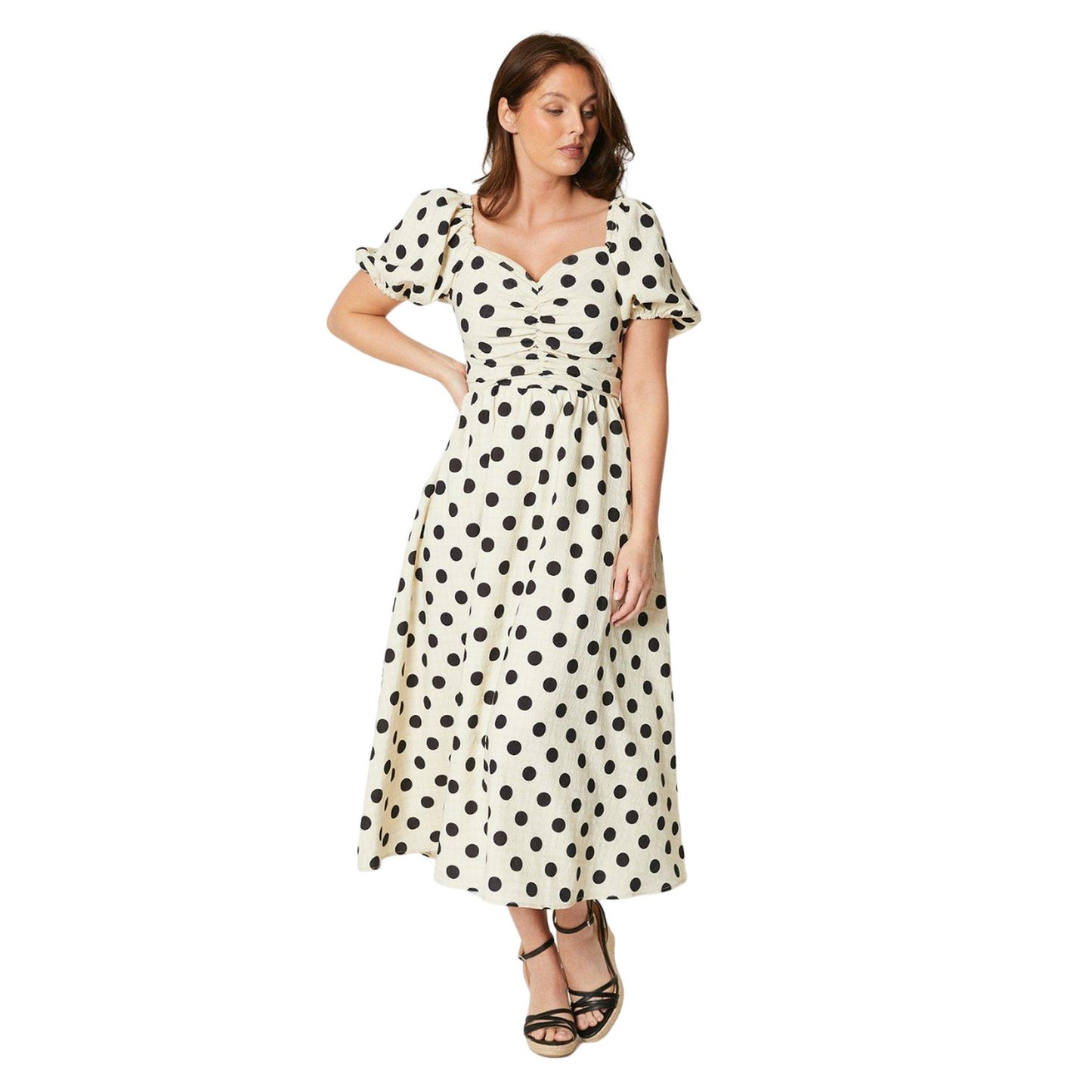 Ivory - Front - Principles Womens-Ladies Spotted Puff Sleeve Midi Dress