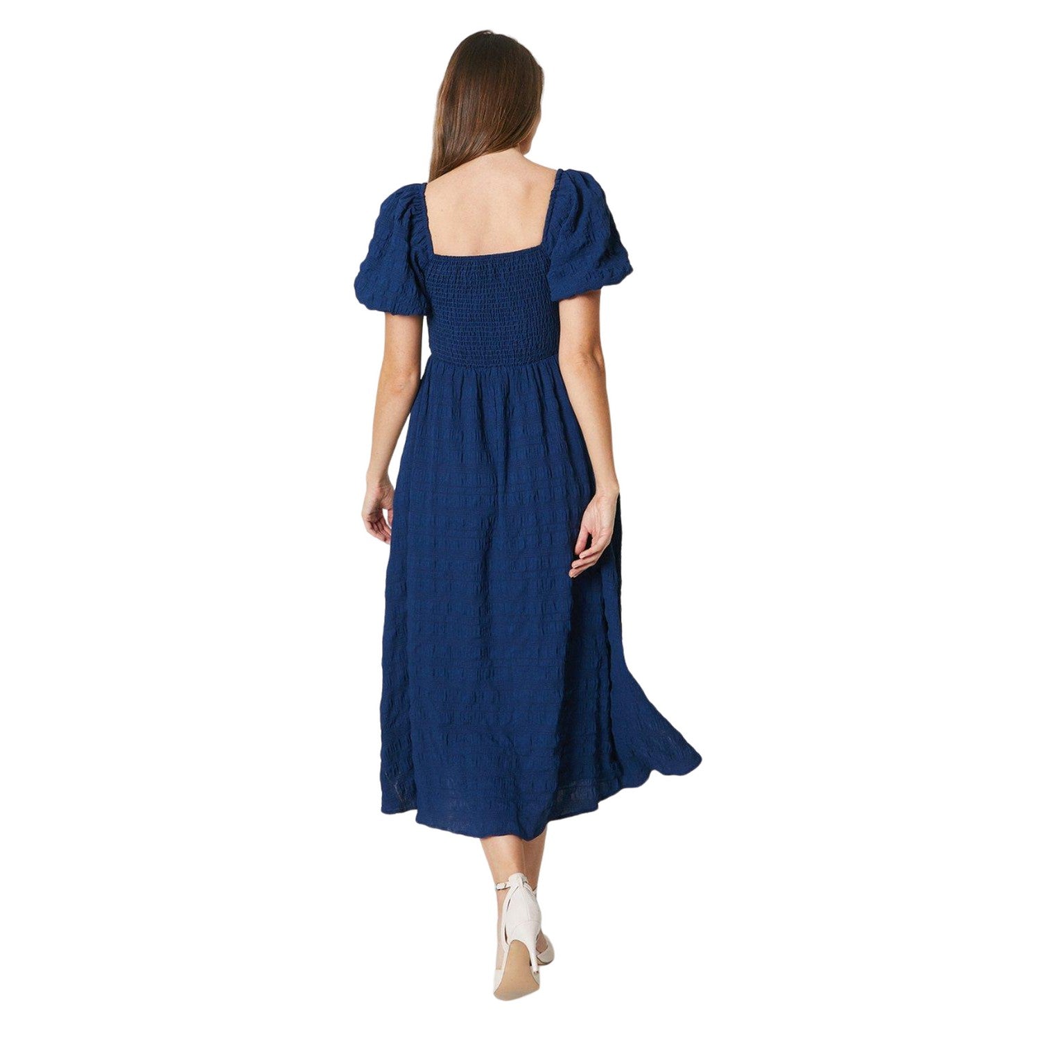 Navy - Back - Debenhams Womens-Ladies Textured Puff Sleeve Midi Dress
