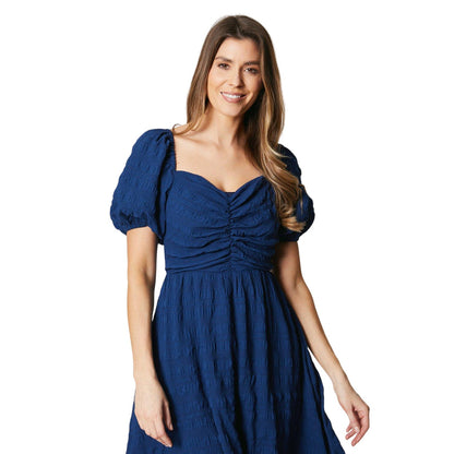 Navy - Side - Debenhams Womens-Ladies Textured Puff Sleeve Midi Dress