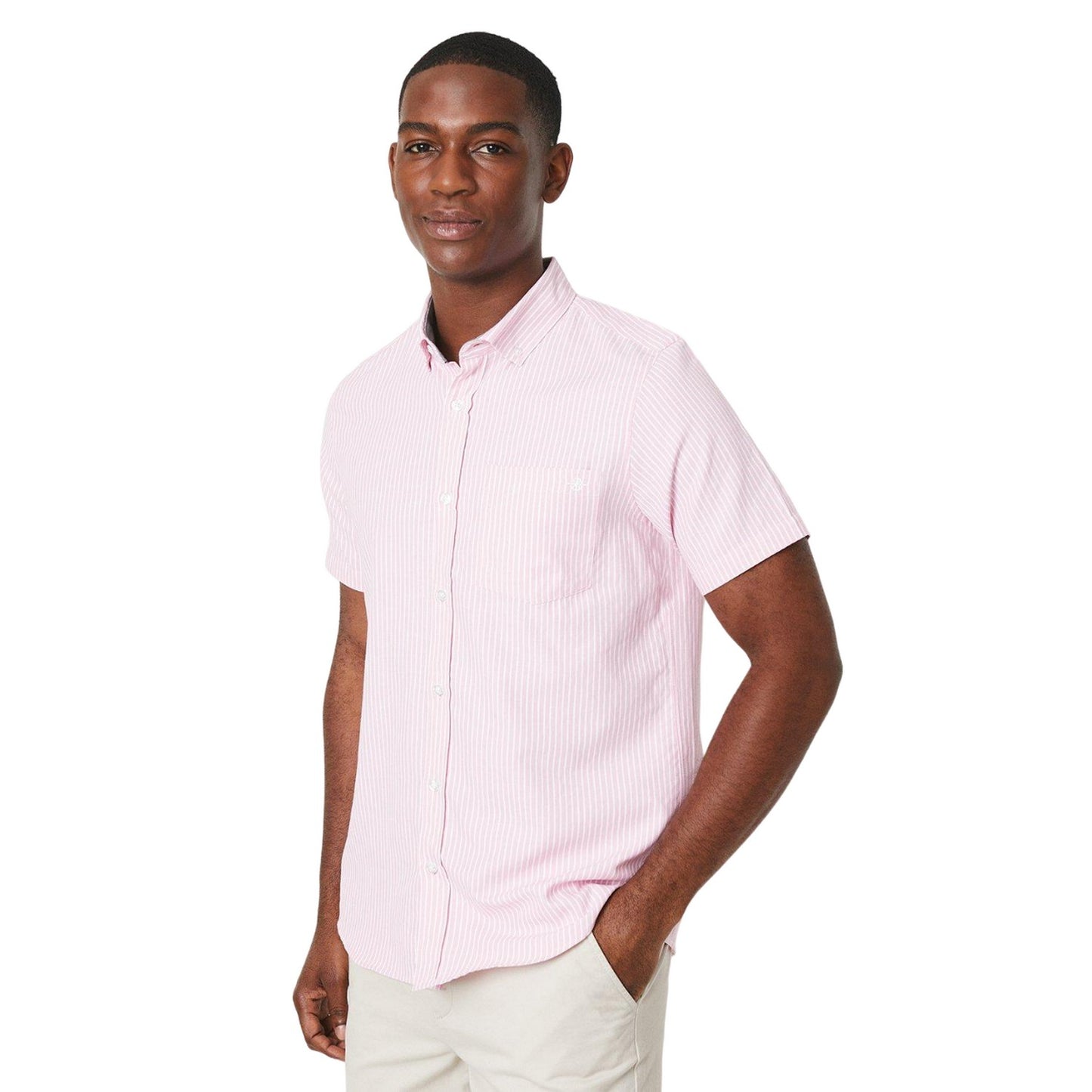 Pink - Front - Maine Mens Fine Stripe Oxford Short-Sleeved Shirt