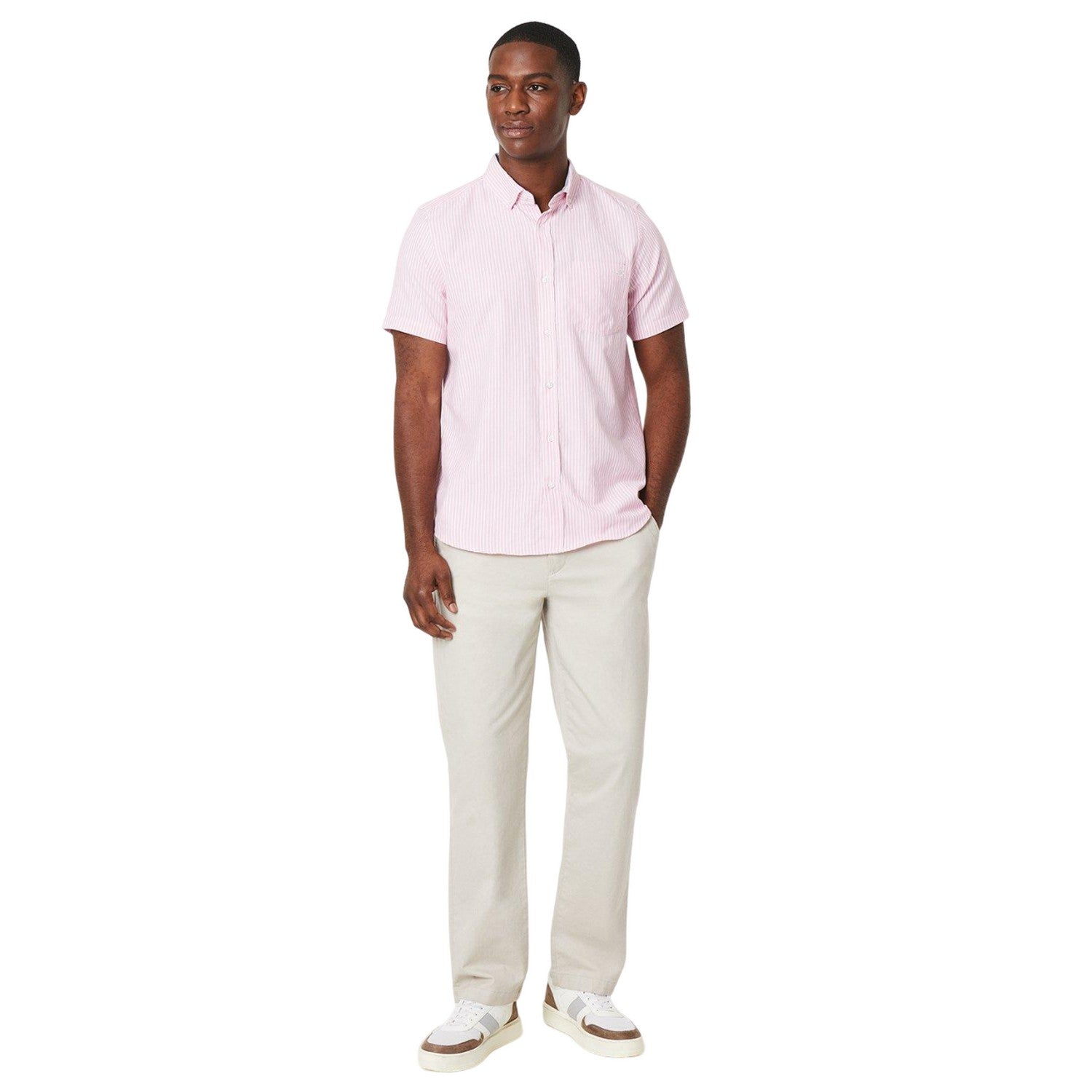 Pink - Side - Maine Mens Fine Stripe Oxford Short-Sleeved Shirt