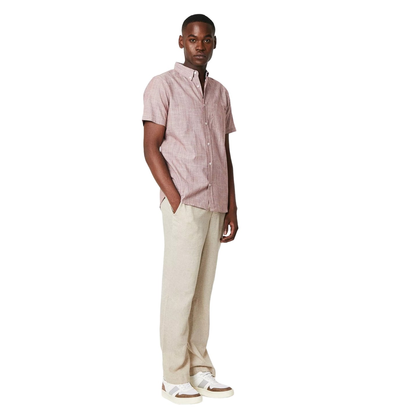 Red - Side - Maine Mens Stripe Slub Short-Sleeved Shirt