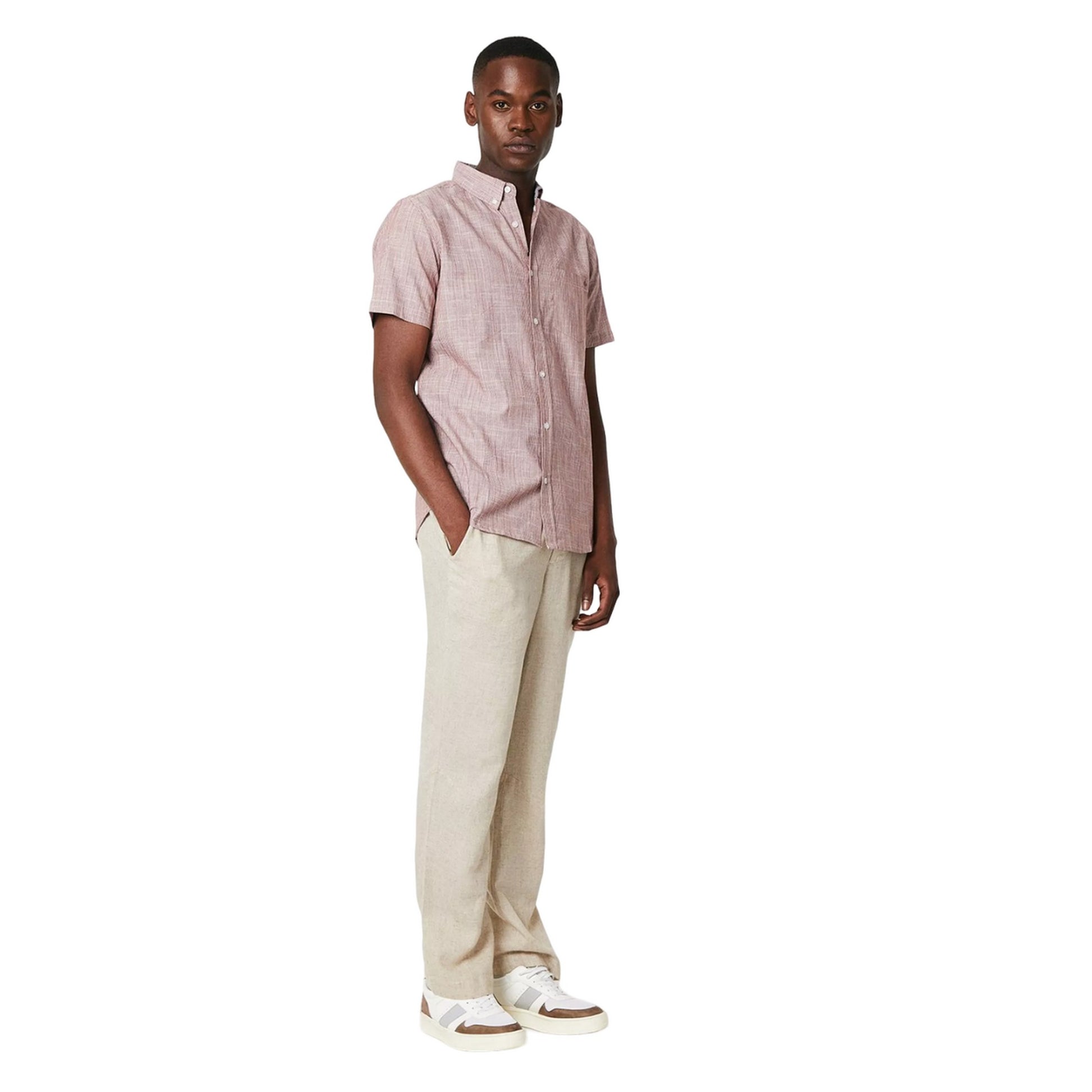 Red - Side - Maine Mens Stripe Slub Short-Sleeved Shirt