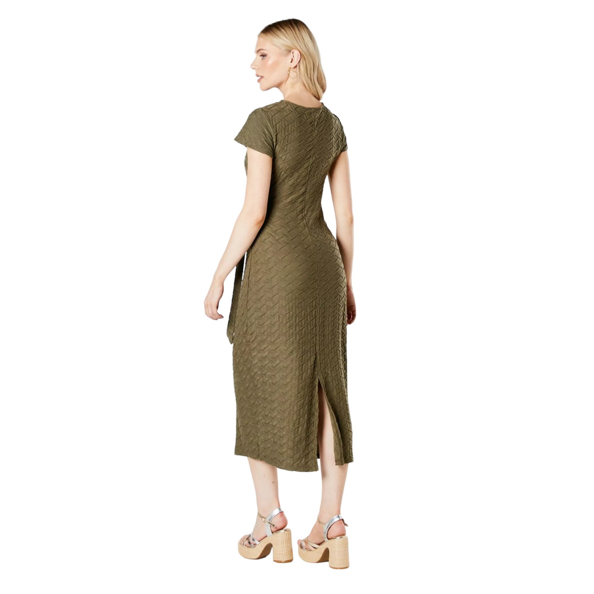 Olive - Back - Principles Womens-Ladies Textured Jersey Waist Tie Midi Dress