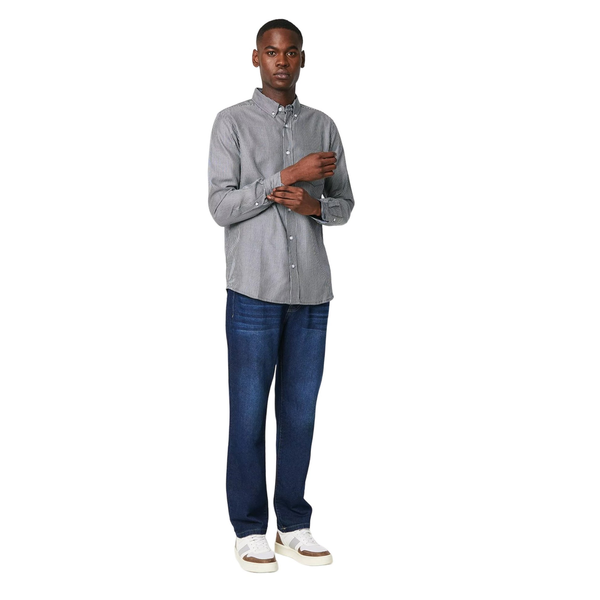 Navy - Side - Maine Mens Classic Stripe Long-Sleeved Shirt