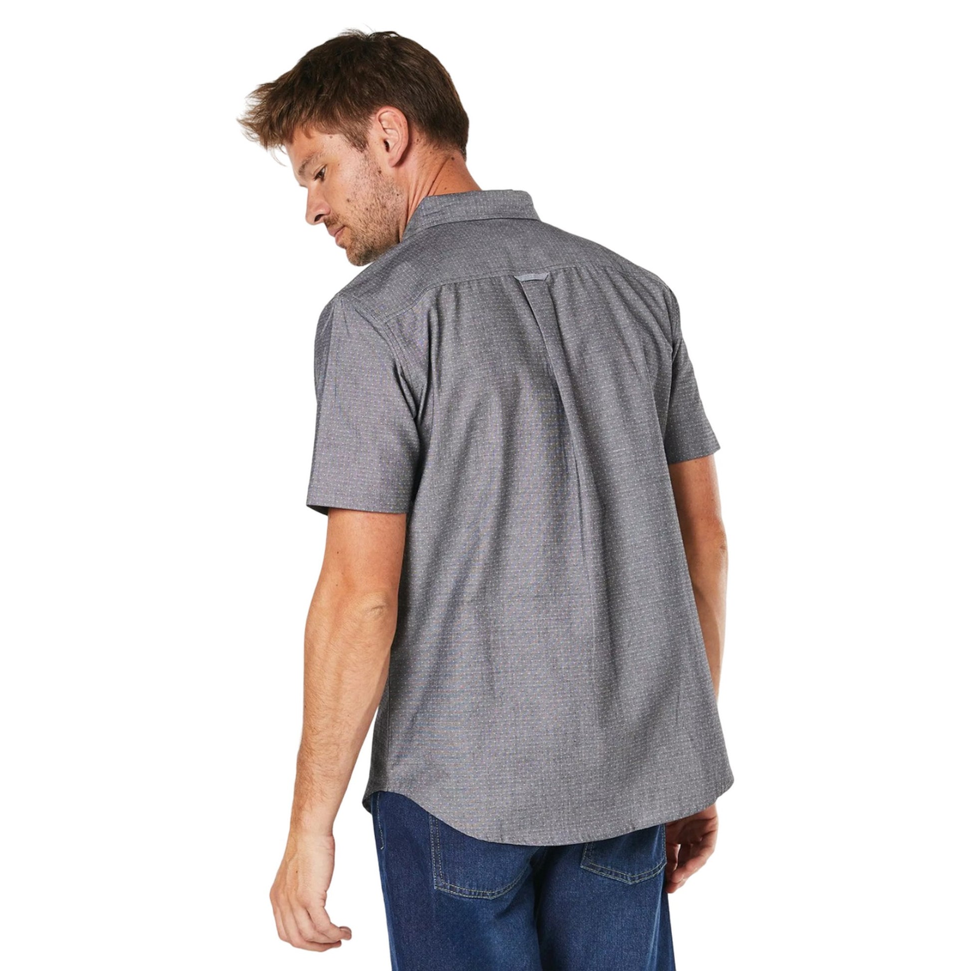 Grey - Back - Maine Mens Pin Dot Chambray Short-Sleeved Shirt