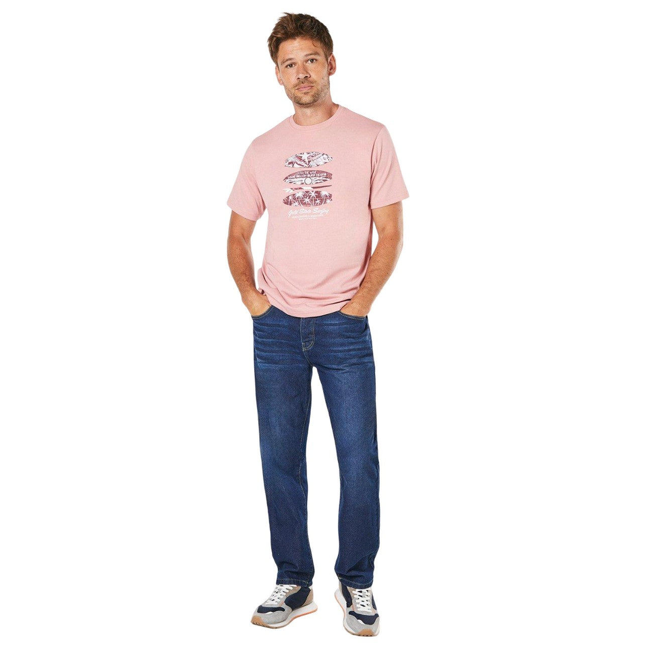 Pink - Side - Maine Mens Gold State Surf Print T-Shirt