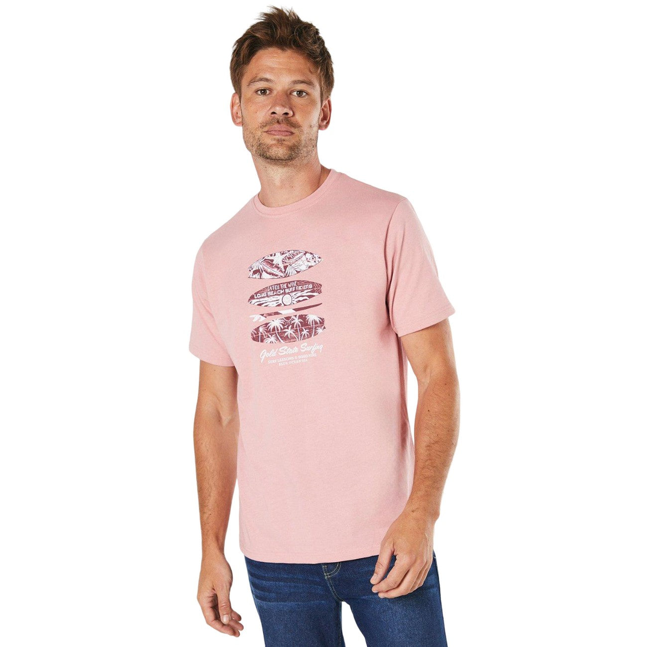 Pink - Front - Maine Mens Gold State Surf Print T-Shirt