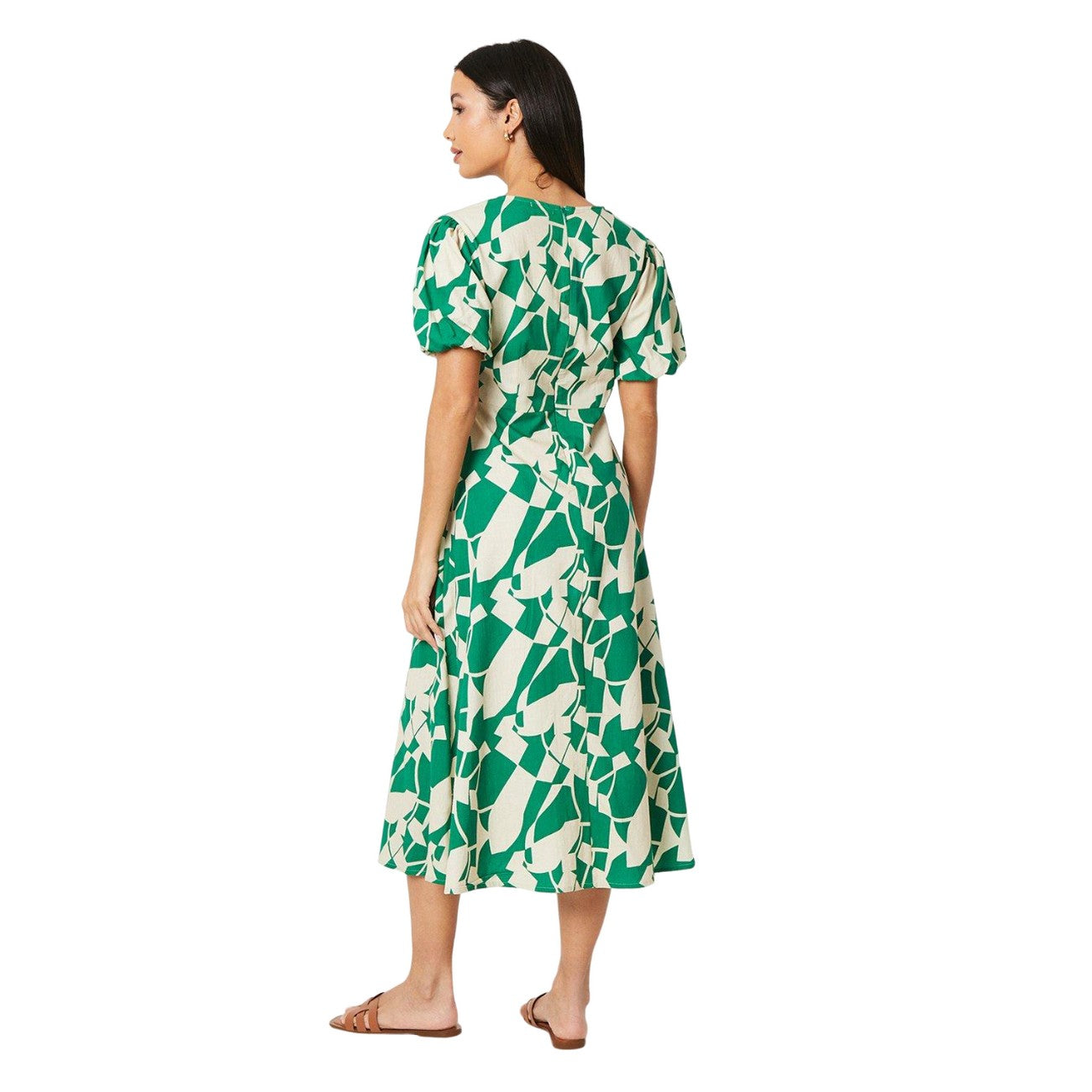 Green - Back - Principles Womens-Ladies Abstract Linen Blend Puff Sleeve Midi Dress