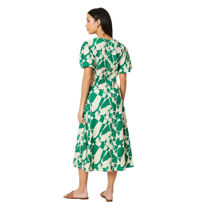 Green - Back - Principles Womens-Ladies Abstract Linen Blend Puff Sleeve Midi Dress