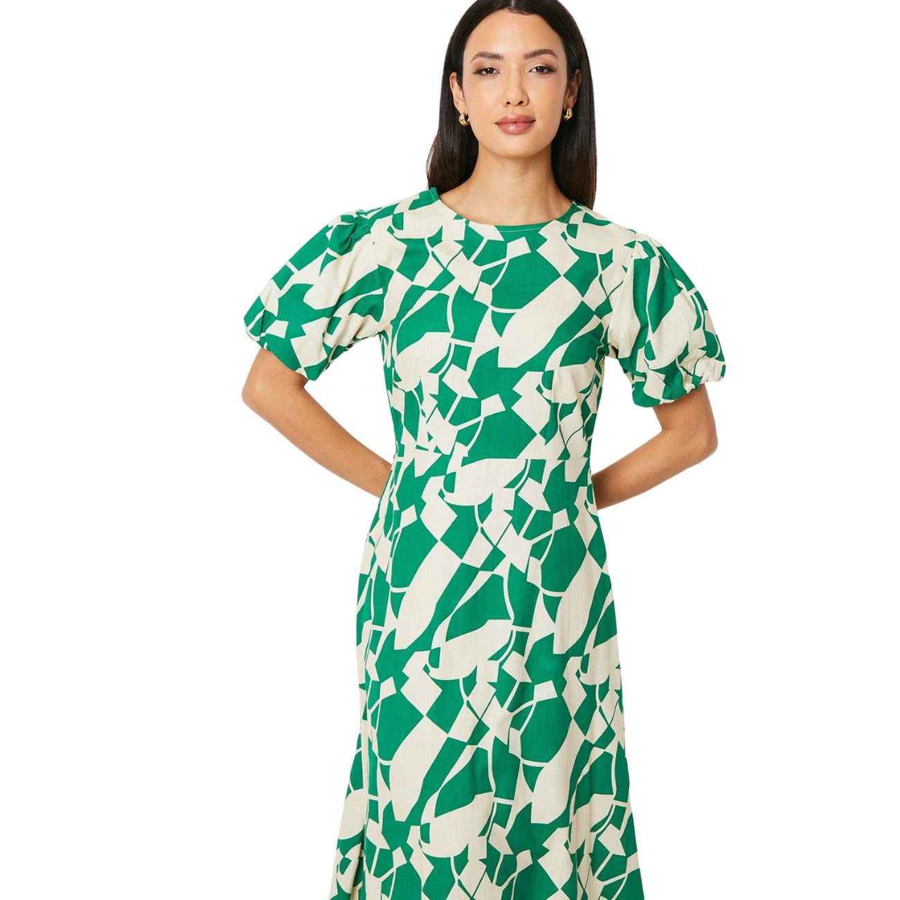 Green - Side - Principles Womens-Ladies Abstract Linen Blend Puff Sleeve Midi Dress