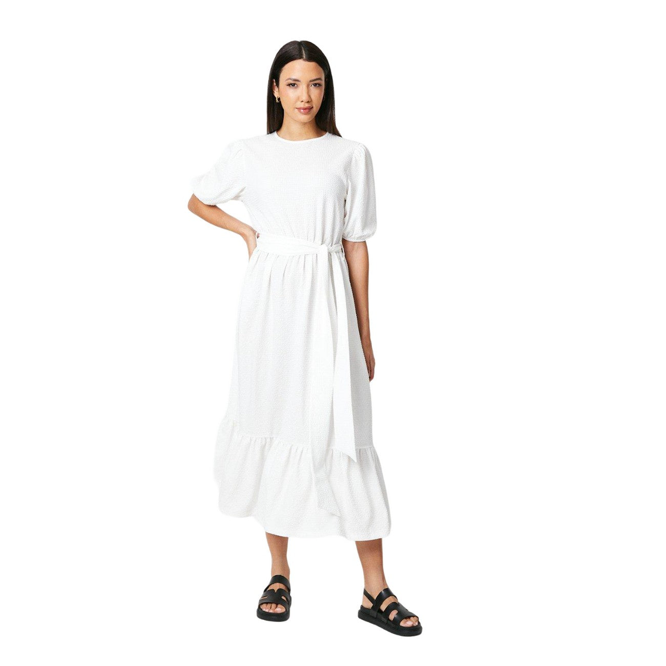 Ivory - Front - Principles Womens-Ladies Tiered Textured Puff Sleeve Midi Dress