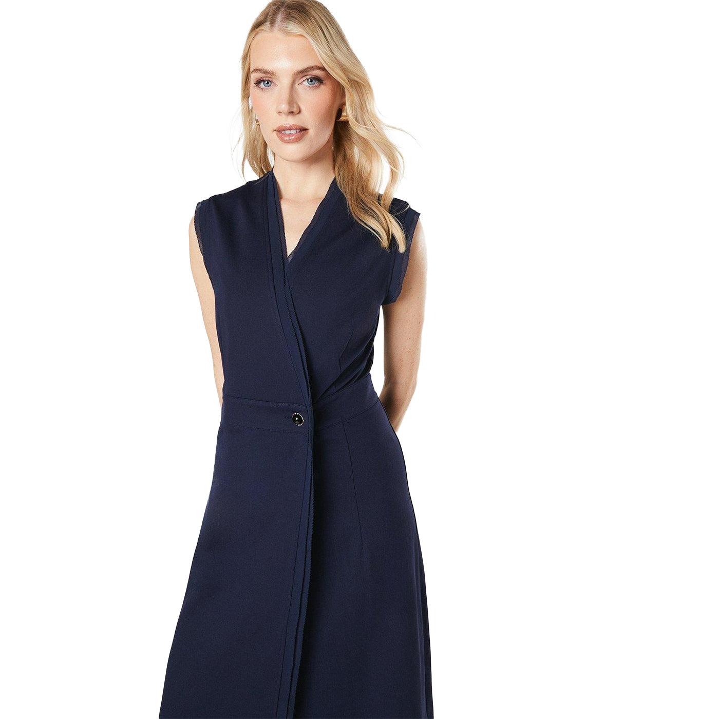 Navy - Side - Principles Womens-Ladies Ponte Button Midi Dress
