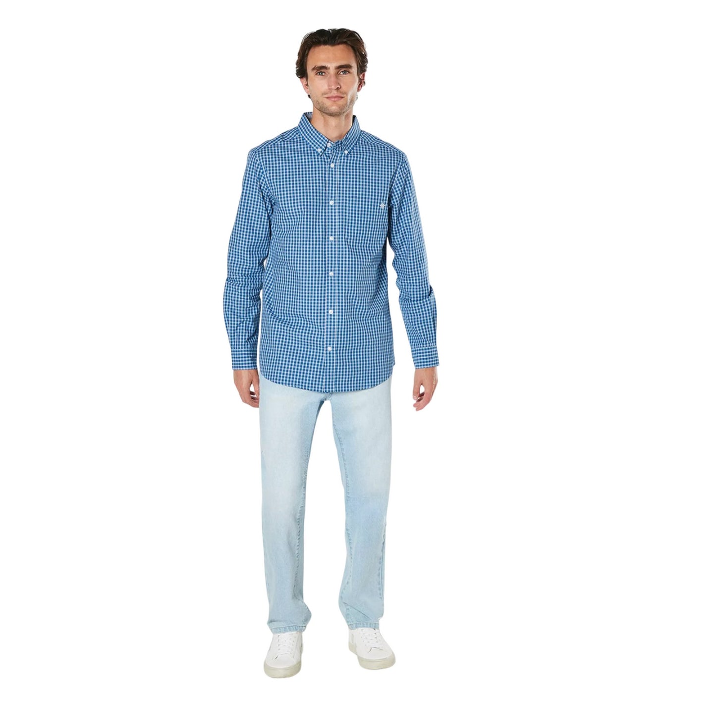 Navy - Side - Maine Mens Windowpane Checked Relaxed Fit Long-Sleeved Shirt