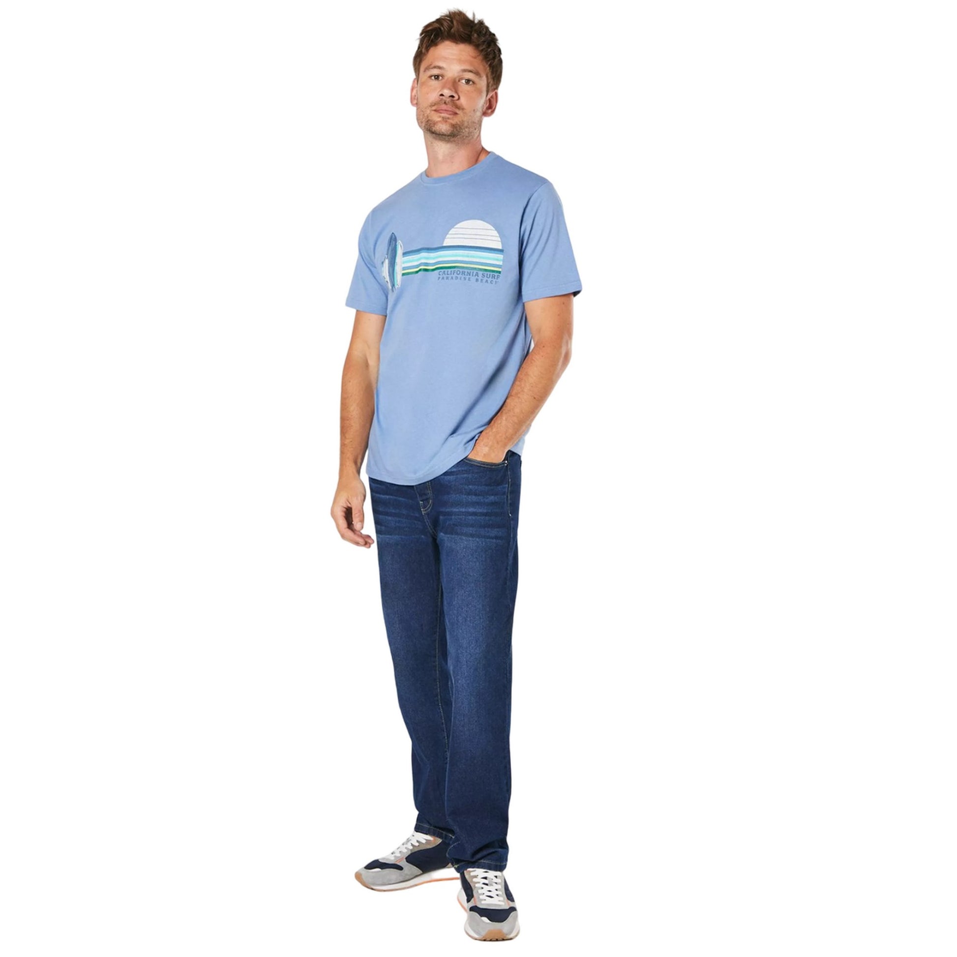Blue - Side - Maine Mens California Surf Chest Stripe T-Shirt