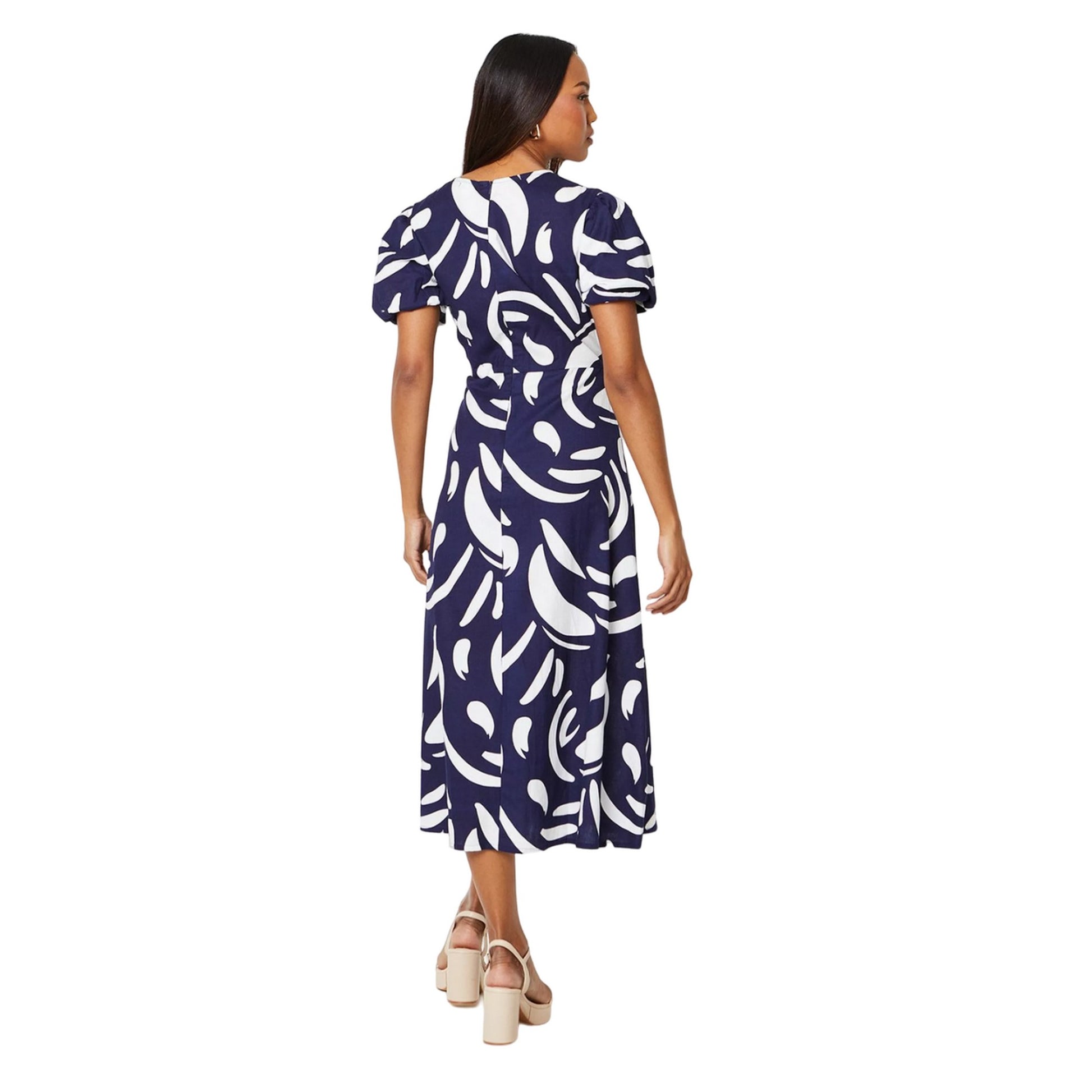 Navy - Back - Principles Womens-Ladies Abstract Linen Blend Puff Sleeve Midi Dress