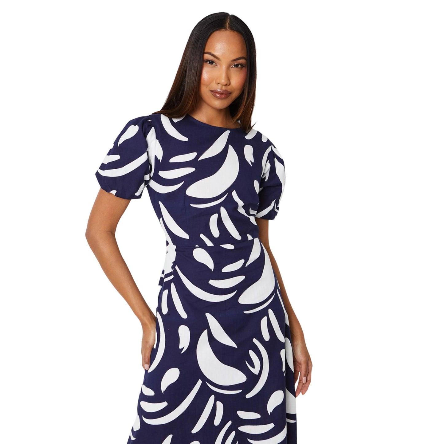 Navy - Side - Principles Womens-Ladies Abstract Linen Blend Puff Sleeve Midi Dress