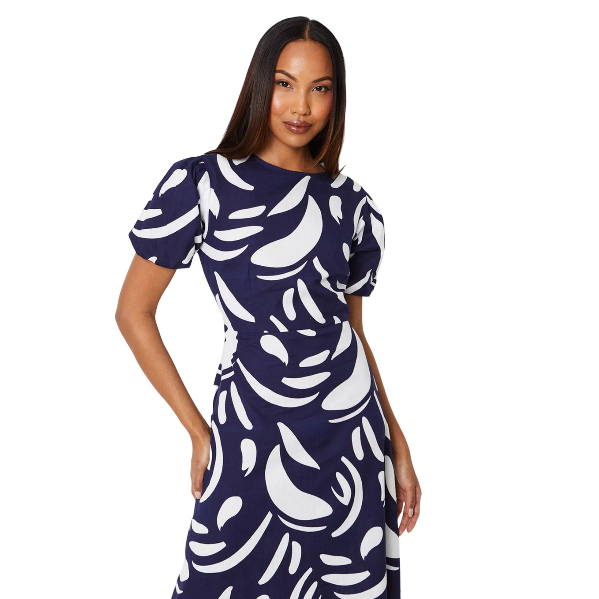 Navy - Side - Principles Womens-Ladies Abstract Linen Blend Puff Sleeve Midi Dress