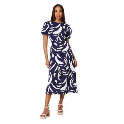 Navy - Front - Principles Womens-Ladies Abstract Linen Blend Puff Sleeve Midi Dress