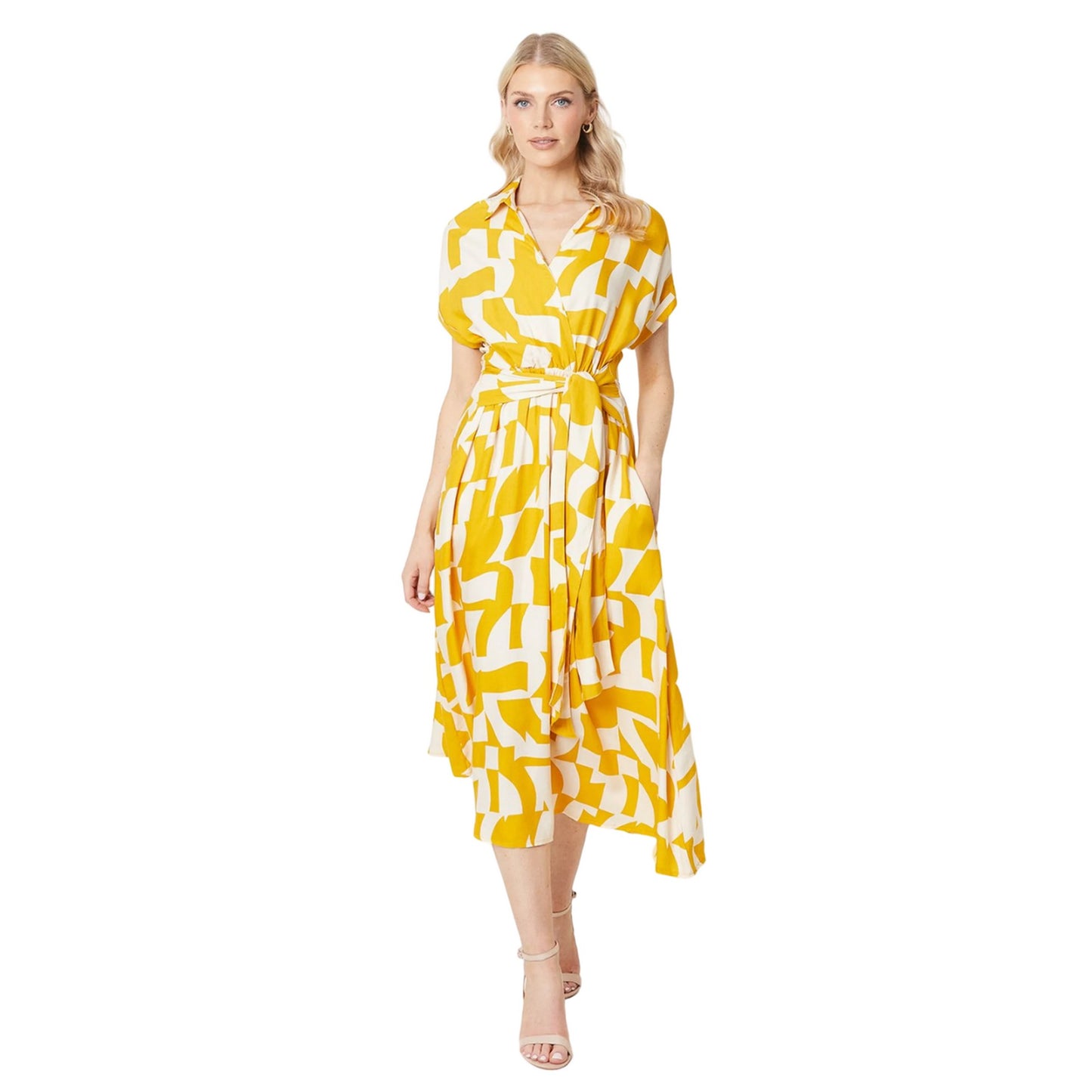 Mustard - Front - Principles Womens-Ladies Abstract Lightweight Waist Tie Midi Dress
